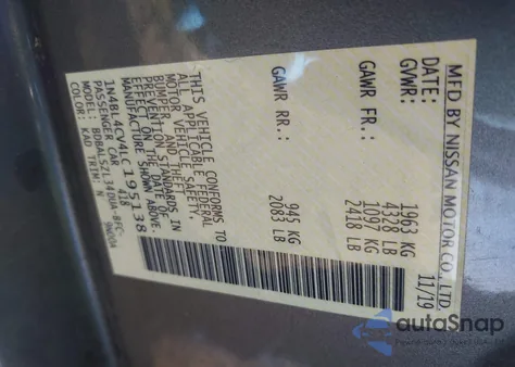 2020 Nissan Altima Sr Fwd z USA, uszkodzony, nr VIN 1N4BL4CV4LC195138